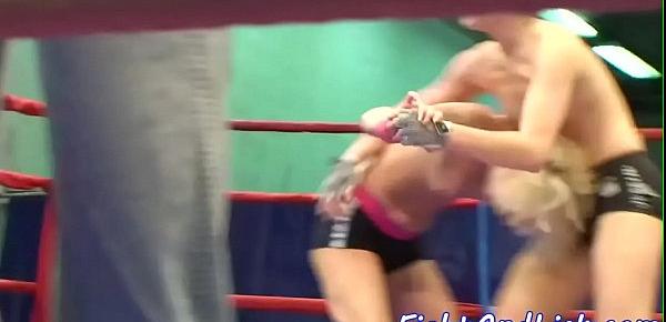  Lesbian babe licks pussy in a boxing ring